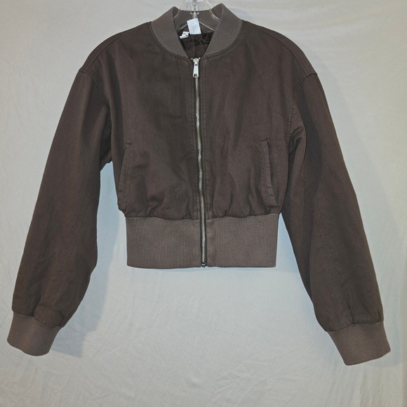 H&M Divided Jackets & Blazers - H&M Divided Bomber Jacket XS Women Brown Cropped Cotton Twill Streetwear Zip